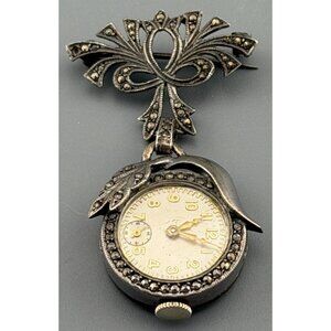 Vintage Sterling Silver Watch Ladies Marcasite Pendant Brooch Swiss Palace 17 Je